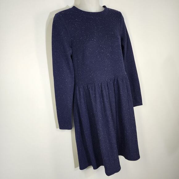Loft Petite Womens Navy Blue Flecked Button Back Swing Dress XSP Long Sleeve - Picture 4 of 9